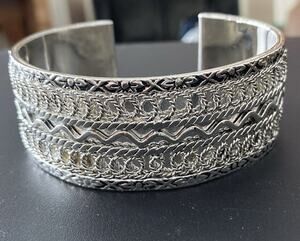 Silver Plate Heavy Filagree Covered Open Cuff Bracelet